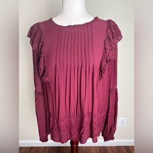 Knox Rose Burgundy Boho Eyelet Lace Blouse XL Long Sleeve